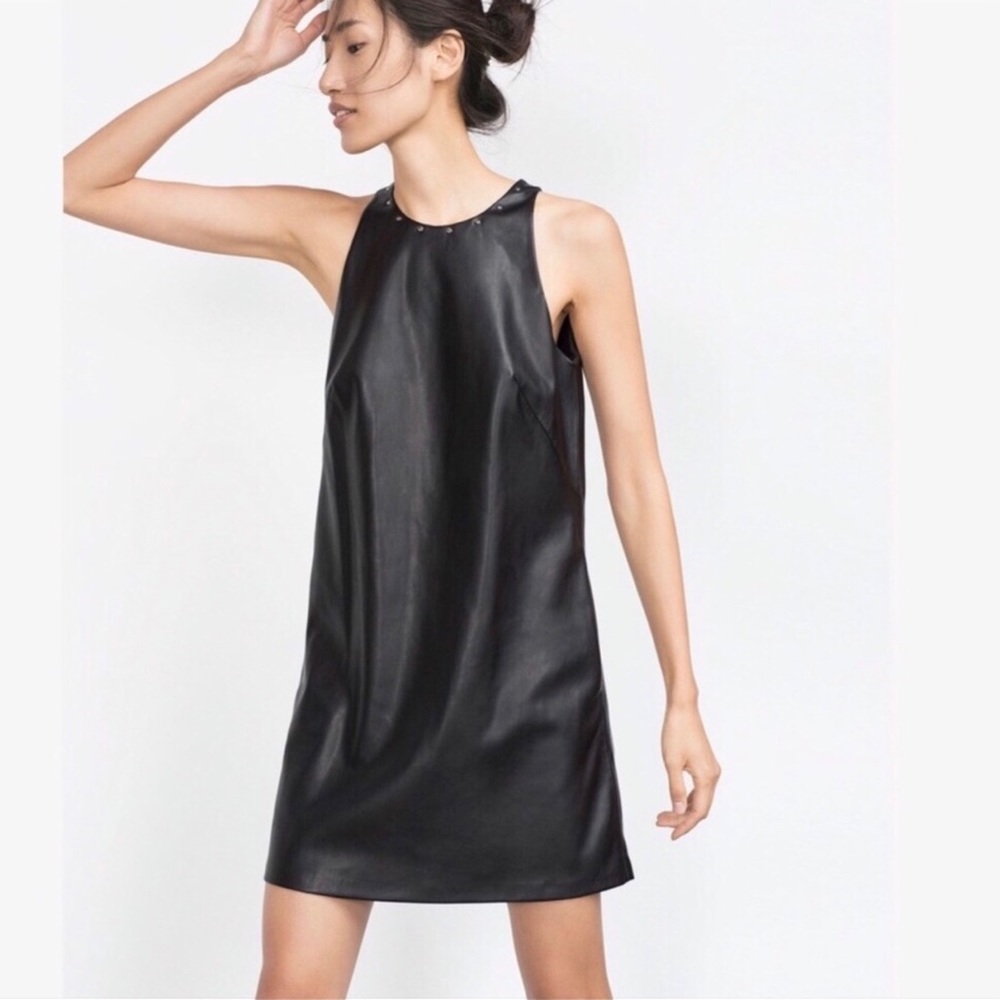Zara black shift vegan leather sleeveless shift dress